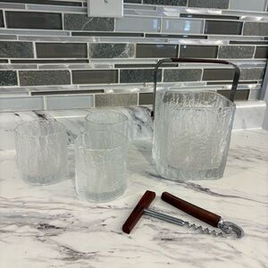 Vintage Hoya Japan Frostfire Textured Glass Ice Bucket & 8 Rocks Glasses Set